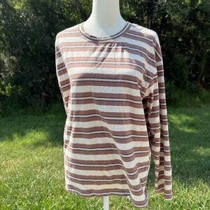 Casual Striped Long Sleeve Minimalist Top Earthy Neutral Women M Brown Tee Tan